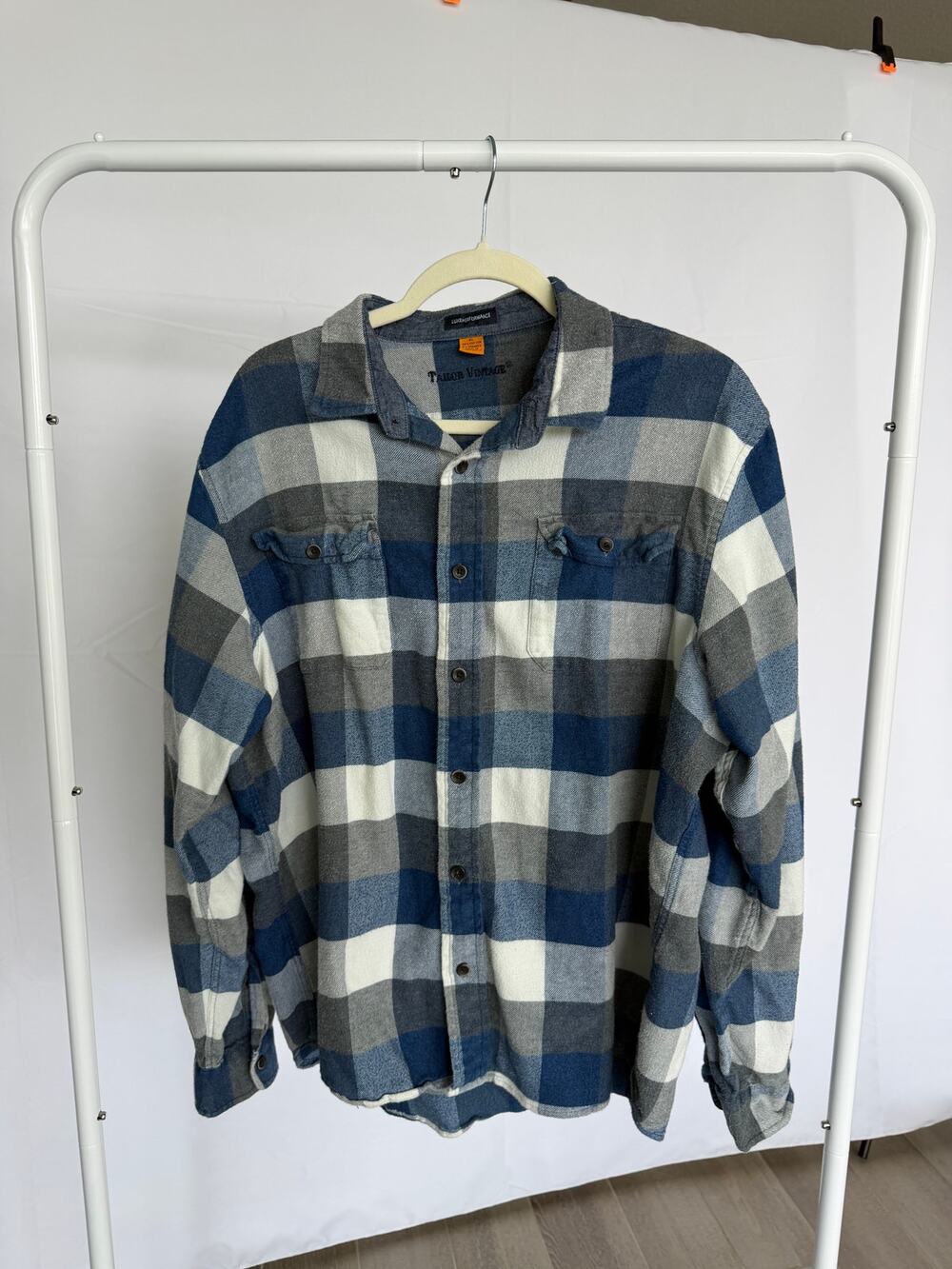 Tailor Vintage Luxe Performance Men’s XL Plaid Flannel Shirt Blue Gray Stretch